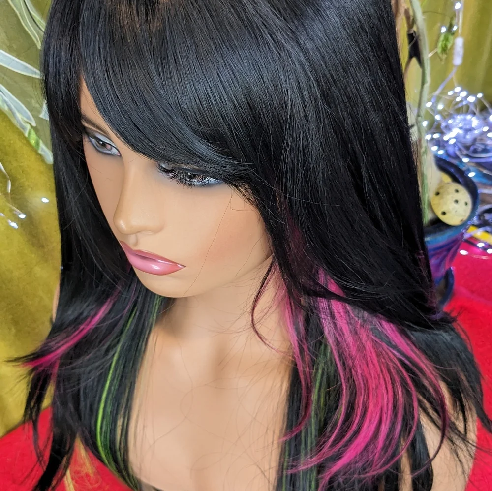 LAST ONE! Black wig with neon pink and green